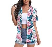 DEARCASE Maniche Corte delle Donne Button Down Hawaii Camicie Soft Cool Floral Tropic Print V-Neck Summer Beach Tops T-Shirt, Small Mix Leaf White