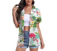 DEARCASE Maniche Corte delle Donne Button Down Hawaii Camicie Soft Cool Floral Tropic Print V-Neck Summer Beach Tops T-Shirt, Small Bird Green Leaf