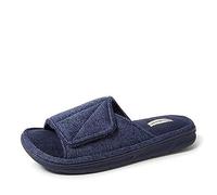 Dearfoams Men's Indoor/Outdoor Adjustable Machine Washable Memory Foam Terry Slide Slipper, Navy (Marled Knit), 13-14