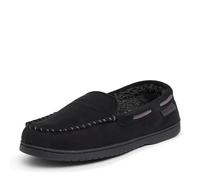 Dearfoams Men's Keaton Memory Foam Moccasin with Wide Widths Slipper, Black Microsuede, 13-14