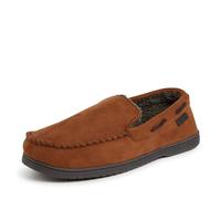Dearfoams Men's Keaton Memory Foam Moccasin with Wide Widths Slipper, Chestnut Microsuede, Medium