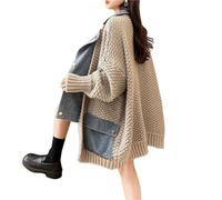 Dearlassie Cardigan in denim con tasche, cardigan da donna in jeans lavorato a maglia, risvolti oversize splicing sciolto, bottone a contrasto alla moda patchwork casual piumino, cachi, Taglia unica