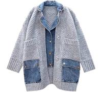 Dearlassie Cardigan in denim con tasche, cardigan da donna in jeans lavorato a maglia, risvolti oversize splicing sciolto, bottone a contrasto alla moda patchwork casual piumino, Grigio chiaro, Taglia
