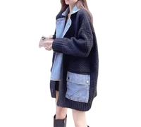 Dearlassie Cardigan in denim con tasche, cardigan da donna in jeans lavorato a maglia, risvolti oversize splicing sciolto, bottone a contrasto alla moda patchwork casual piumino, Nero puro., Taglia