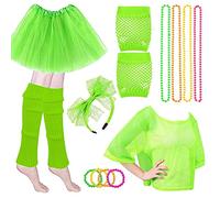 DEARLIVES 80s Fancy Dress da donna, anni '80 Accessori da donna, anni '80 Top fascia/collana/braccialetto/vestiti da festa al neon e tutù gonna/scaldamuscoli 80 / guanti a rete neon (verde)