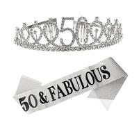 DEARMAMY 2 Pezzi Set Di Compleanno Fascia Corone Cintura Per Le Donne Di Compleanno e Cintura Di Etichetta Cintura Galateo Da Festa 50° Diadema Signore Silver