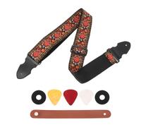 DEARMAMY Tracolla per Chitarra e Basso 150cm, Tessuta Elegante Regolabile | Poliestere Testata in Pelle Microfibra, Porta Plettro, per Prove e Spettacoli, Nero Rosso