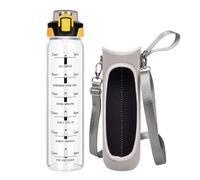 DEARRAY 1l / 1 litro Borraccia Acqua Vetro con Cannuccia & Motivazionale Orari per Bere, 1000ml Sport Bottiglia Vetro con Guaina Protettiva in Neoprene
