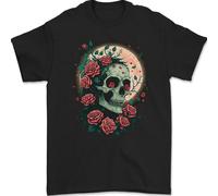 Death At Moon Skull With Roses At Night Gothic Uomo T-Shirt 100% Cotone