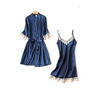 DEBAIJIA Donna Pigiama Camicia Notte 2 Pezzi Imitava La Seta Signora Raso da Accappatoio Femminile Sleepwear Traspirante Accogliente (Buio Blu-XXL)