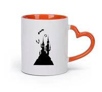 DEBINGY ceramica Tazze da caffè in ceramica bianca Castello Fiaba Pipistrello Volante Vita （11oz/320ml） Ottimo per casa, ufficio, bar, idee regalo Arancione