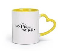 DEBINGY ceramica Tazze da caffè in ceramica bianca Citazioni francesi La Vie Est Belle （11oz/320ml） Regalo divertente per amanti del caffè, migliori amici, colleghi e amici Giallo