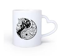 DEBINGY Manico in ceramica a forma di cuore Bicchieri in ceramica per la casa Simbolo Yin Yang astratto testa del re leone 11oz/320ml Lavabile in lavastoviglie e adatto al microonde