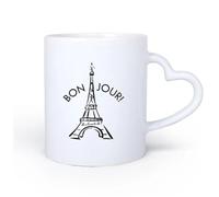 DEBINGY Manico in ceramica a forma di cuore Caffè e bevande calde Bonjour parola Ciao in francese Bonjour lettere francesi 11oz/320ml Perfetto per cucine, ristoranti e bar, ottima idea regalo