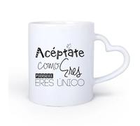 DEBINGY Manico in ceramica a forma di cuore Tazza da caffè Aceptate Como Porque Eres Unico Citazione spagnola con frase motivazionale 11oz/320ml Regalo per uomo o donna