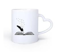 DEBINGY Manico in ceramica a forma di cuore Tazza da caffè Biblioteca Ricerca Libro Aperto Piuma Testo Letteratura Scrittore Scuola 11oz/320ml per tè, caffè, latte, cappuccino