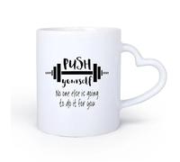 DEBINGY Manico in ceramica a forma di cuore Tazza da tè o caffè originale Citazione Spingiti oltre l'esercizio per l'allenamento con bilanciere 11oz/320ml per ufficio, casa
