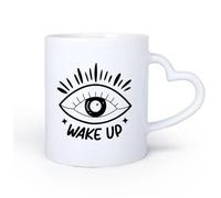 DEBINGY Manico in ceramica a forma di cuore Tazza in ceramica per caffè, tè e cacao un glifo di un occhio con la tipografia wake up 11oz/320ml e adatte al microonde