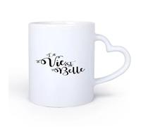 DEBINGY Manico in ceramica a forma di cuore Tazze da caffè in ceramica bianca Citazioni francesi La Vie Est Belle 11oz/320ml Regalo divertente per amanti del caffè, migliori amici, colleghi e amici