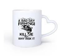 DEBINGY Manico in ceramica a forma di cuore Tazze da tè e caffè una brutta giornata di pesca mi uccide ma perché rischiare? tipografia grafica di pesca 11oz/320ml per espresso