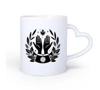 DEBINGY Manico in ceramica a forma di cuore Tazze resistenti disegno grafico di due mani giunte che tengono un'immagine stilizzata di un tempio indù 11oz/320ml per uomo e donna