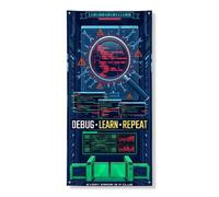 Debug Learn Repeat Tech Quote - Lente d'ingrandimento per porta, 91,4 x | Cyber estetica, cartello per porta d'ingresso, tema di programmazione, ispirazione ingegneristica, arredamento moderno per