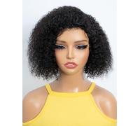 DÉBUT Parrucca corta a forma di bob, capelli veri, 25 cm, colore nero, parte laterale in pizzo, parrucche a forma di bob, abbigliamento e glueless Wig per le donne C-Lace Deep Curl (20 cm, nero)