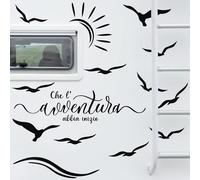 Decalart Set 14 Adesivi Camper Frase "Che l'Avventura abbia inizio" gabbiani sole mare onde decalcomanie Universali Caravan Van Roulotte L280 (070 Nero)