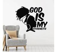 Decalcomania da parete con ragazza africana con frase in lingua inglese "God is My Strength", per camera da letto, soggiorno, decorazione per la casa, in vinile, 74 x 92 cm
