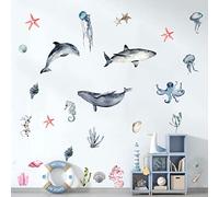 Decalcomanie da parete ad acquerello oceano Peel and Stick Under The Sea Adesivi da parete per squalo balena Decalcomanie per camera da letto del bambino stanza dei giochi bagno arredamento