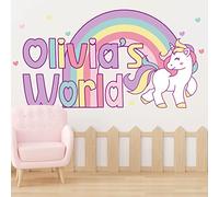 Decalcomanie da parete con nome acquerello unicorno - Decalcomanie da parete con nome arcobaleno per ragazze - Adesivo personalizzato con nome ad acquerello - Decorazione da parete personalizzata