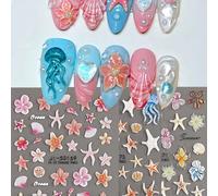 Decalcomanie per unghie 5D a fiore di ghiaccio dell'oceano, con meduse, conchiglie, stelle marine, fiori di ibisco e giglio, motivi floreali in rilievo, decorazioni per unghie kawaii, adesivi fai-da-t