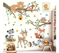 decalmile Adesivi Murali Animali del Bosco Albero Ramo Adesivi da Parete Foresta Orso Cervo Volpe Foglie Verde Decorazione Murale Asilo Nido Camerette Bambini Camera da Letto