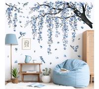 decalmile Adesivi Murali Ramo di Albero Fiori Blu Adesivi da Parete Uccelli sul Ramo Fiore Vite Appesa Acquerello Decorazione Murale Camera da Letto Soggiorno Ufficio Divano