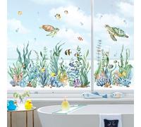 decalmile Adesivi per Finestra Murali Sotto il Mare Alghe Oceaniche Decalcomanie per Finestre Non Adesiva Vetro Pellicola Pesci Tartaruga Marina Adesivi Anti-Collisione Finestra Vetro Porte Bagno
