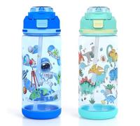 decalsweet 2 Pezzi 600 ml Borraccia con Cannuccia, Borraccia per Scuola e Sport, a Prova di Perdite, Lavabile in Lavastoviglie (Dinosauri & Astronauta)