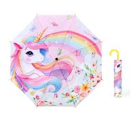 decalsweet Ombrello Pieghevole Antivento Bambino con Copertura, Resistente Ombrello Bambina, Facile da Trasportare Ombrello Pioggia, Ombrello Tascabile Bambini con Motivo Carino (Unicorno Arcobaleno)