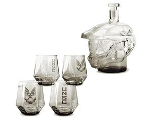 Decanter in vetro a forma di casco e 4 bicchieri UNSC, motivo: Halo Infinite Master Chief