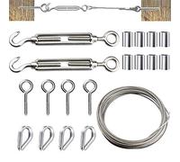 DECARETA Kit 19 Pezzi Tenditore Acciaio 15m / 50ft Corda Appesa Kit 304 Tenditore Acciaio,Tirante con gancio, Fune Cavo con Tenditore e Ganci per Corda per Tenda, Decorazione, Led da Esterno
