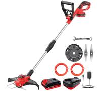 Decespugliatore a Batteria 21V, Bamse Tagliabordi Elettrico Brushless,Tagliabordi a Batteria con 2 Batterie 2,0Ah, 2 Lame, 2 Taglio Linee, Impugnatura Regolabile, Tubo Telescopico, Testa Girevole 90°