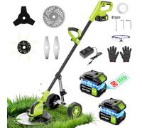 Decespugliatore a Batteria 21V, Tagliabordi a Batteria Brushless con 2 Batterie 3,0Ah, 4 Tipi di Lame, Ruote Rimovibili, Motore Senza Spazzole, Diametro di Taglio di 12 Pollici, per Giardino Potatura