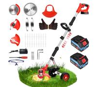 Decespugliatore a Batteria 21V, Tagliabordi a Batteria con 2 Batterie, 4 Tipi di Lame, Ruote Regolabili, Impugnatura Regolabile, Tubo Telescopico, Testa Girevole 90° per Giardino Potatura