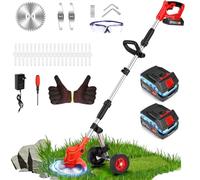 Decespugliatore a Batteria 21V, Tagliabordi a Batteria con 2 Batterie, 4 Tipi di Lame, Ruote Regolabili, Impugnatura Regolabile, Tubo Telescopico, Testa Girevole 90° per Giardino Potatura