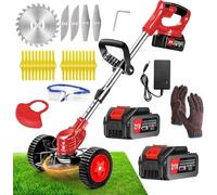 Decespugliatore a Batteria 21V Tagliabordi a Batteria, Tagliabordi Elettrico con 2 4.0Ah Batterie e 4 Tipi di Lame, Ruote Rimovibili, Decespugliatori da Giardino Altezza Regolabile per Prati, Arbusti