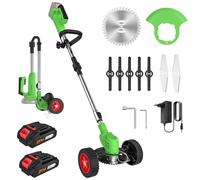 Decespugliatore a Batteria 21V, Tagliaerba Elettrico con 2 Batteria e 3 Tipi di Lama, Ruote Rimovibili, Maniglia Telescopica, Pieghevole Tagliabordi a Batteria, Decespugliatori da Prato e Giardino