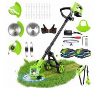 Decespugliatore a Batteria, 21v TelescopicoTagliabordi a Batteria Decespugliatore Elettrico con 2 2Ah Batterie, Ruote di Rimovibili, 3 Tipi di Lame per Il Taglio Di Giardini Prati