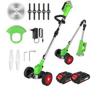 Decespugliatore a Batteria con Ruote, Tagliabordi Elettrico Pieghevole 21V 800W con 2 Batterie 2.0Ah, Manico Telescopico, Testa 90°, 3 Lame & 5 Fili, Tagliaerba per Giardino, Prato e Erbacce