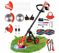 Decespugliatore a Batteria da 4-IN-1,Tagliabordi a Batteria Decespugliatore Elettrico con 2×2,0Ah Batterie con Caricabatterie e Ruote Rimovibili, 3 Tipi di Lame per Il Taglio Di Giardini Prati