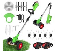 Decespugliatore a Batteria Pieghevole con Ruote, 800W Tagliaerba Elettrico 4 in 1, 2 Batterie 21V, Manico Regolabile, Testa 90°, Compatibile con Makita 18V, Tagliabordi per Giardino e Prati