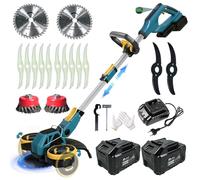 Decespugliatore a Batteria, Tagliabordi a Batteria con 2 Batterie e 4 Tipi lame, Decespugliatore Elettrico con Ruote e Spazzola per Erbacce, Tagliaerba Elettrico Brushless, Telescopica Regolabile, Blu